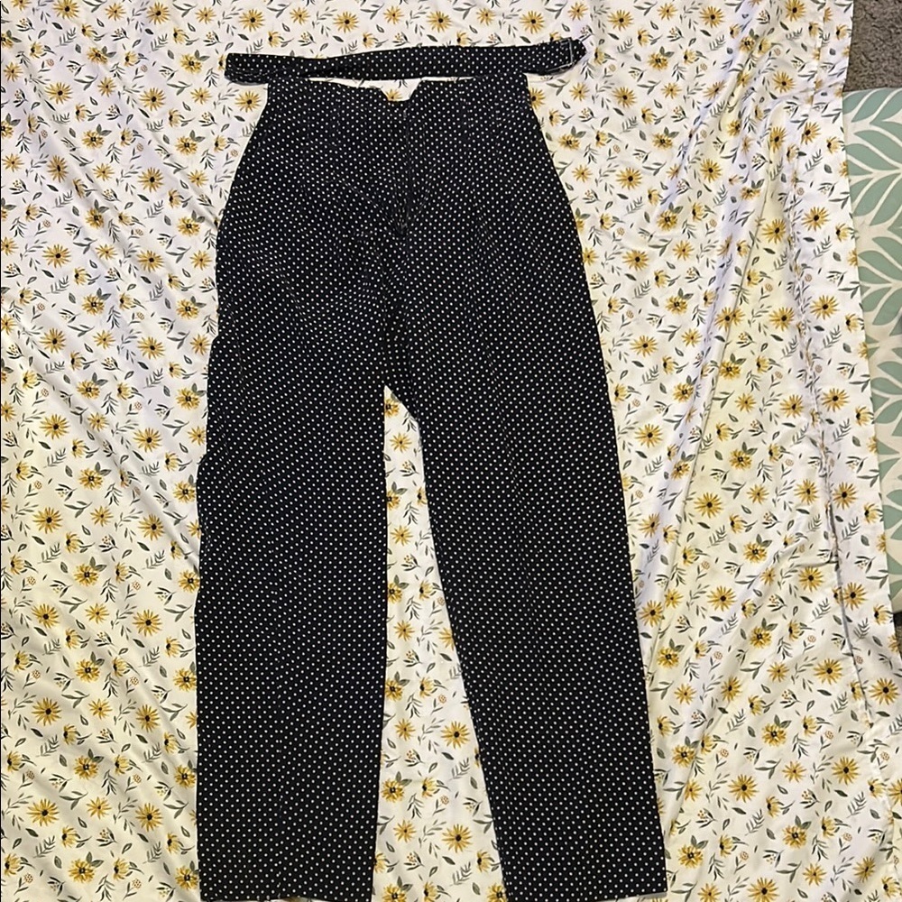 REBECCA TAYLOR BELTED SILK NAVY COMBO POLKA DOT PAPERBAG PANTS W/ BELT